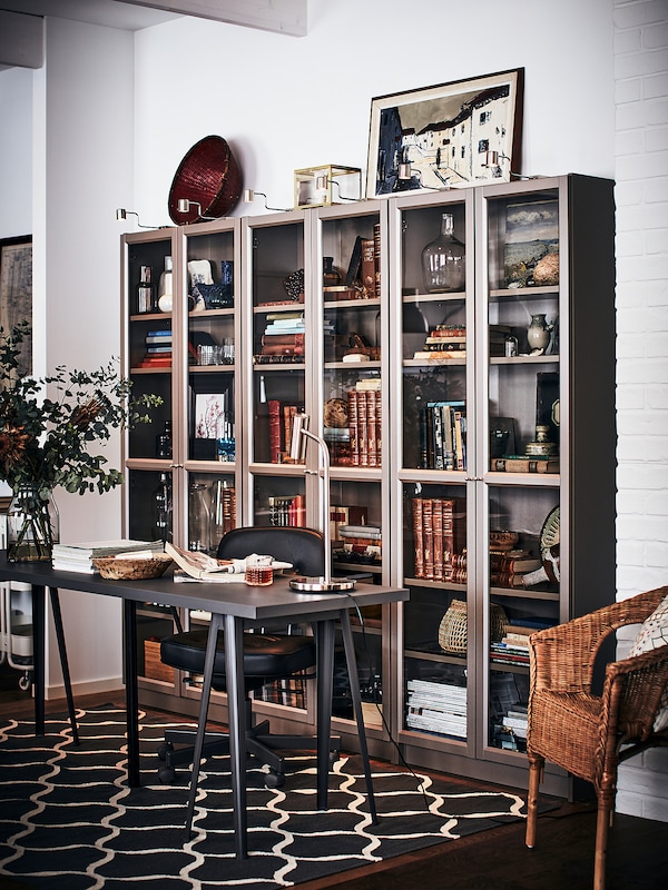 IKEA BILLY Bookcase with glass doors, gray, metallic effect, 31 1/2x11 3/4x79 1/2 in, Ikea Ireland | 5813IPTKO