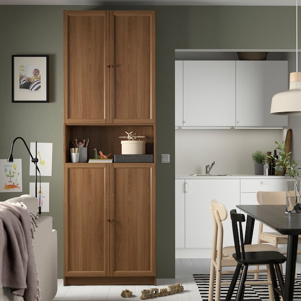 IKEA BILLY / OXBERG bookcase w doors/ext unit, 31 1/2x11 3/4x93 1/4 in Brown Walnut Effect, Ikea Ireland | 6870IBUJZ