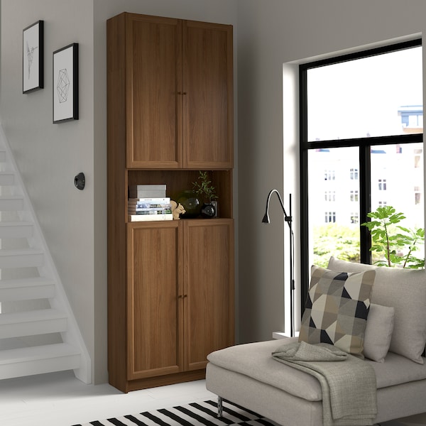 IKEA BILLY / OXBERG bookcase w doors/ext unit, 31 1/2x11 3/4x93 1/4 in Brown Walnut Effect, Ikea Ireland | 6870IBUJZ