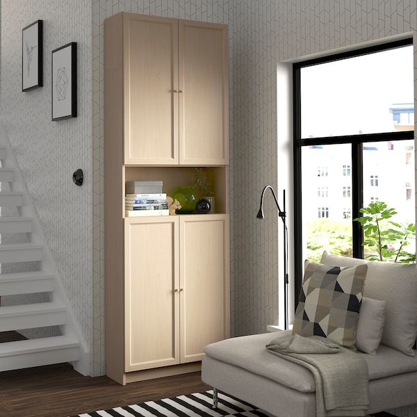 IKEA BILLY / OXBERG bookcase w doors/ext unit, 31 1/2x11 3/4x93 1/4 in Birch Effect, Ikea Ireland | 8095RQVGX