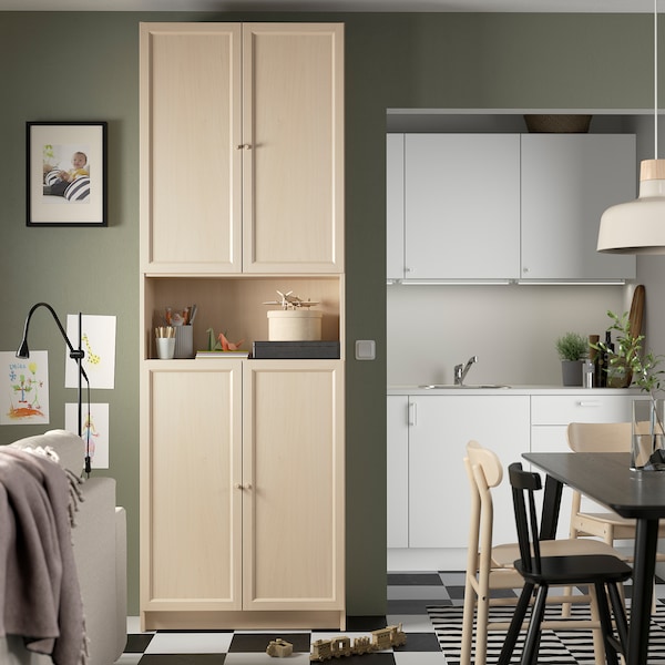 IKEA BILLY / OXBERG bookcase w doors/ext unit, 31 1/2x11 3/4x93 1/4 in Birch Effect, Ikea Ireland | 8095RQVGX