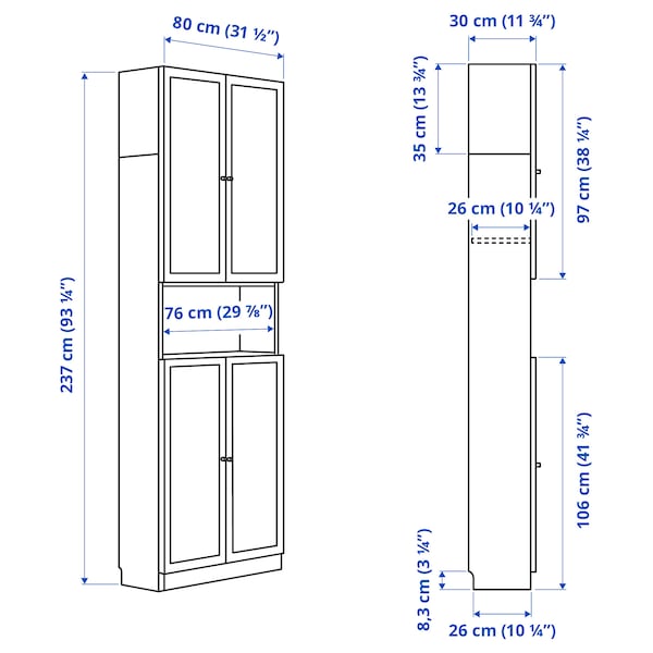IKEA BILLY / OXBERG bookcase w doors/ext unit, 31 1/2x11 3/4x93 1/4 in Oak Effect, Ikea Ireland | 6094OESTN
