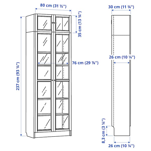 IKEA BILLY / OXBERG bookcase w glass doors, 31 1/2x11 3/4x93 1/4 in Oak Effect / Clear Glass, Ikea Ireland | 3042FZSPA