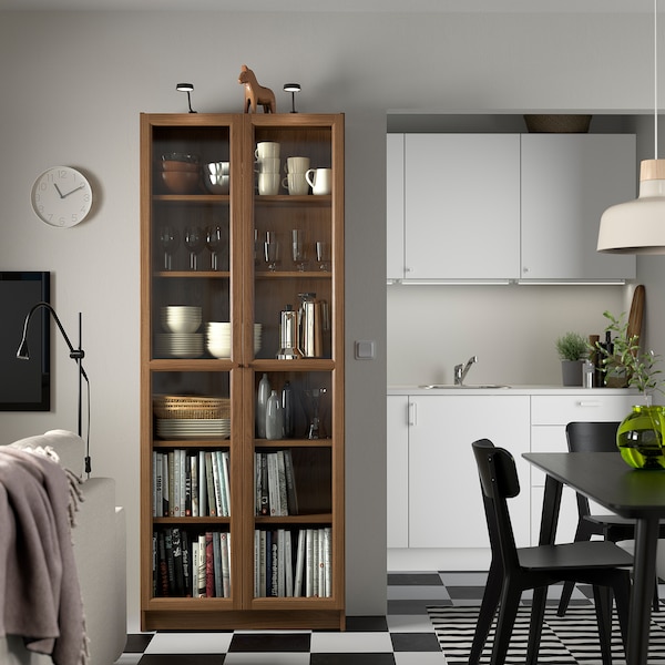 IKEA BILLY / OXBERG bookcase w glass doors, 31 1/2x11 3/4x79 1/2 in Brown Walnut Effect, Ikea Ireland | 8562WKUJZ