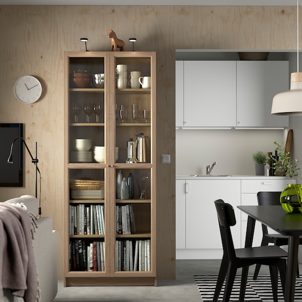 IKEA BILLY / OXBERG bookcase w glass doors, 31 1/2x11 3/4x79 1/2 in Oak Effect, Ikea Ireland | 0195KCVFI