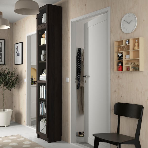 IKEA BILLY / OXBERG bookcase w glass doors/ext unit, 15 3/4x11 3/4x93 1/4 in Dark Brown Oak Effect, Ikea Ireland | 6325QMLWS