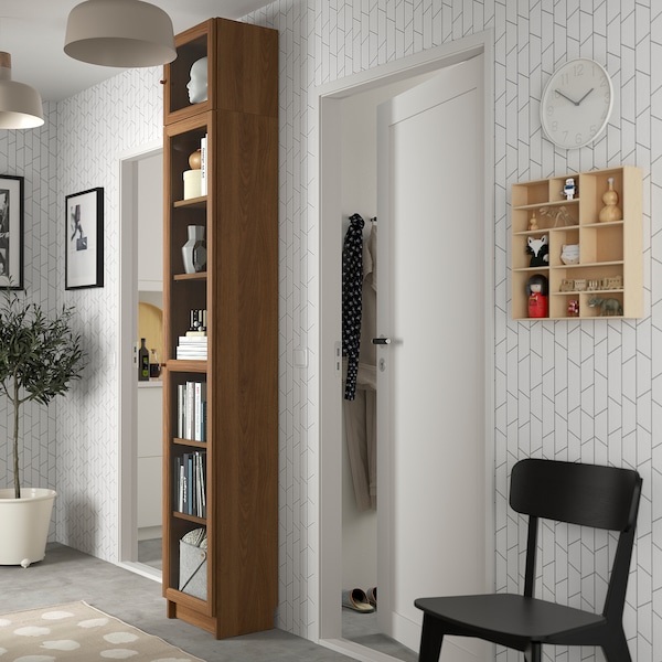 IKEA BILLY / OXBERG bookcase w glass doors/ext unit, 15 3/4x11 3/4x93 1/4 in Brown Walnut Effect, Ikea Ireland | 6087EZMUH
