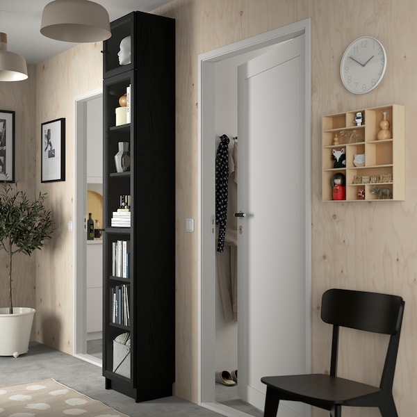 IKEA BILLY / OXBERG bookcase w glass doors/ext unit, 15 3/4x11 3/4x93 1/4 in Black Oak Effect, Ikea Ireland | 3859IUHWF