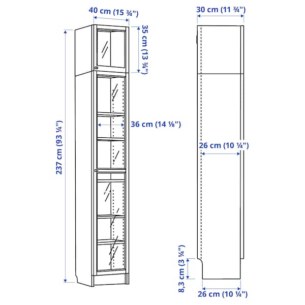 IKEA BILLY / OXBERG bookcase w glass doors/ext unit, 15 3/4x11 3/4x93 1/4 in Birch Effect, Ikea Ireland | 7192OHRKM