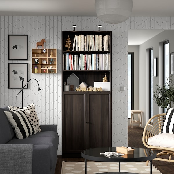 IKEA BILLY / OXBERG bookcase with doors, 31 1/2x11 3/4x79 1/2 in Dark Brown Oak Effect, Ikea Ireland | 7693SEAVO