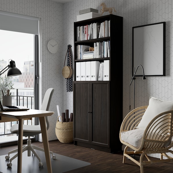 IKEA BILLY / OXBERG bookcase with doors, 31 1/2x11 3/4x79 1/2 in Dark Brown Oak Effect, Ikea Ireland | 7693SEAVO