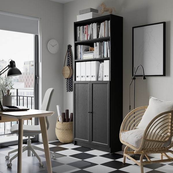 IKEA BILLY / OXBERG bookcase with doors, 31 1/2x11 3/4x79 1/2 in Black Oak Effect, Ikea Ireland | 8629UZFBR