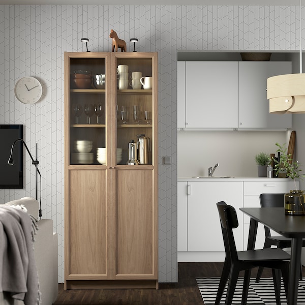 IKEA BILLY / OXBERG bookcase with panel/glass doors, 31 1/2x11 3/4x79 1/2 in Oak Effect, Ikea Ireland | 3876KUOQV