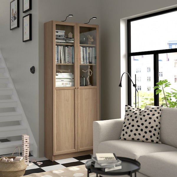 IKEA BILLY / OXBERG bookcase with panel/glass doors, 31 1/2x11 3/4x79 1/2 in Oak Effect, Ikea Ireland | 3876KUOQV