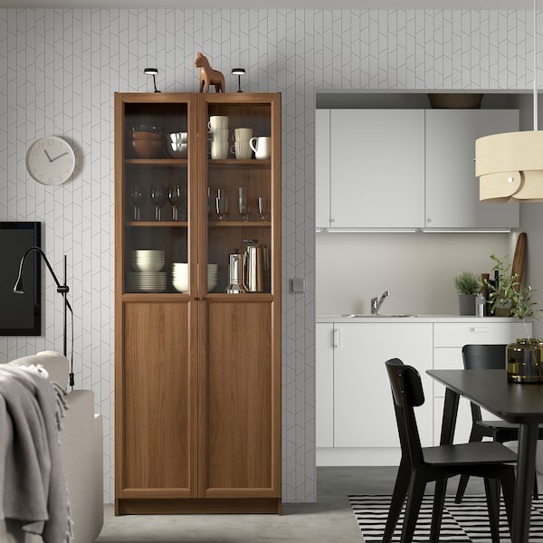 IKEA BILLY / OXBERG bookcase with panel/glass doors, 31 1/2x11 3/4x79 1/2 in Brown Walnut Effect, Ikea Ireland | 0392HQJMP
