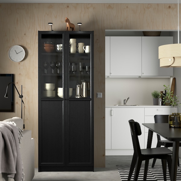 IKEA BILLY / OXBERG bookcase with panel/glass doors, 31 1/2x11 3/4x79 1/2 in Black Oak Effect, Ikea Ireland | 1483UVEJK