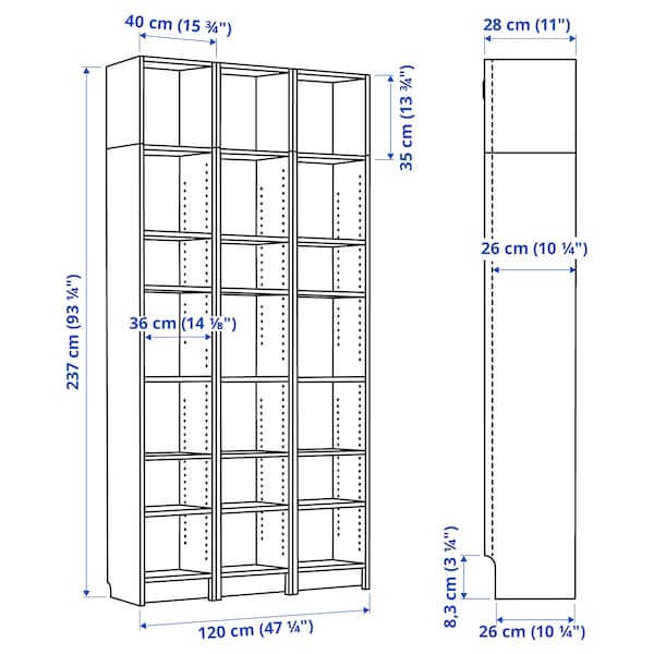 IKEA BILLY bookcase comb w extension units, 47 1/4x11x93 1/4 in Birch Effect, Ikea Ireland | 0397IMSLK