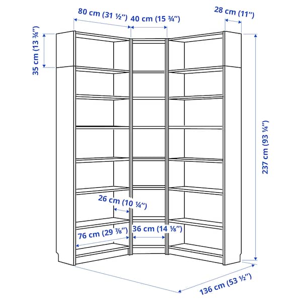 IKEA BILLY bookcase corner comb w ext units, 53 1/2/53 1/2x11x93 1/4 in White, Ikea Ireland | 5632JNPKQ