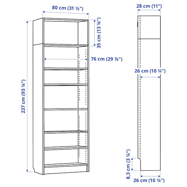 IKEA BILLY bookcase with height extension unit, 31 1/2x11x93 1/4 in Brown Walnut Effect, Ikea Ireland | 7016OEFRL
