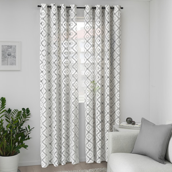 IKEA BJÖRKKRONMAL curtains, 1 pair, white/diamond pattern black, 57x98 in, Ikea Ireland | 8739RXNMT