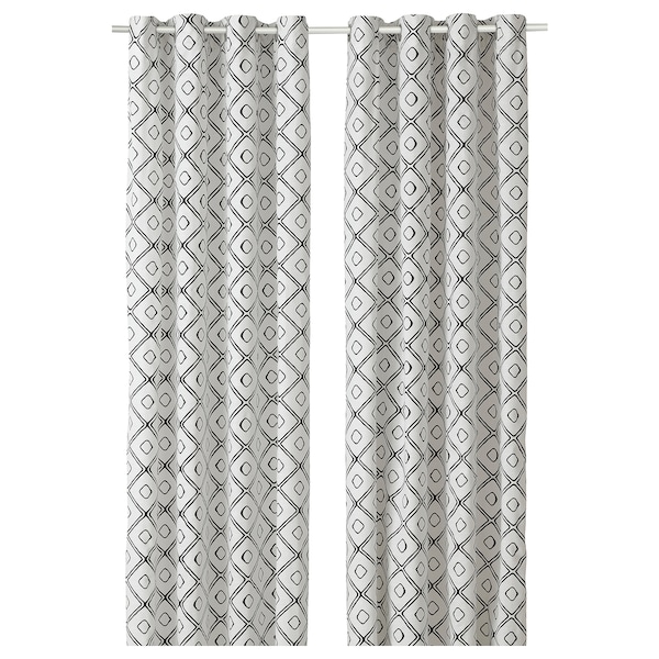 IKEA BJÖRKKRONMAL curtains, 1 pair, white/diamond pattern black, 57x98 in, Ikea Ireland | 8739RXNMT