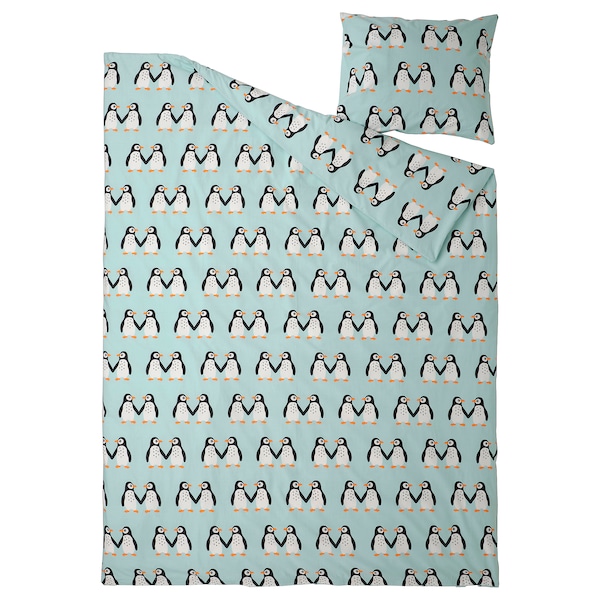 IKEA BLÅVINGAD duvet cover and pillowcase(s), Twin Penguin Pattern / Light Turquoise, Ikea Ireland | 1342DXUFN