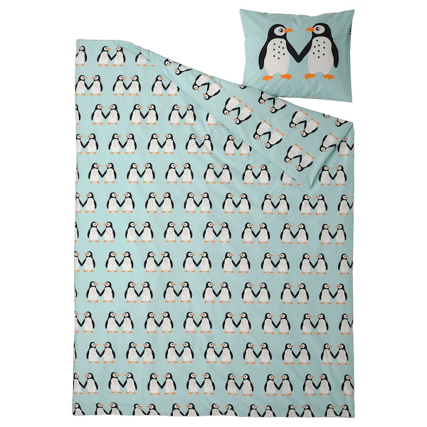 IKEA BLÅVINGAD duvet cover and pillowcase(s), Twin Penguin Pattern / Light Turquoise, Ikea Ireland | 1342DXUFN