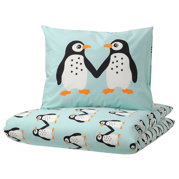 IKEA BLÅVINGAD duvet cover and pillowcase(s), Twin Penguin Pattern / Light Turquoise, Ikea Ireland | 1342DXUFN