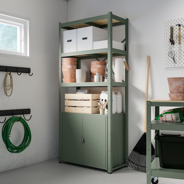 IKEA BROR shelving unit with cabinet, 33 1/2x15 3/4x74 3/4 in Gray / Green / Pine Plywood, Ikea Ireland | 1902LYVCH