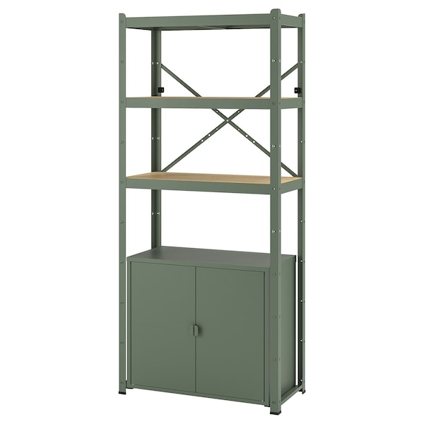 IKEA BROR shelving unit with cabinet, 33 1/2x15 3/4x74 3/4 in Gray / Green / Pine Plywood, Ikea Ireland | 1902LYVCH
