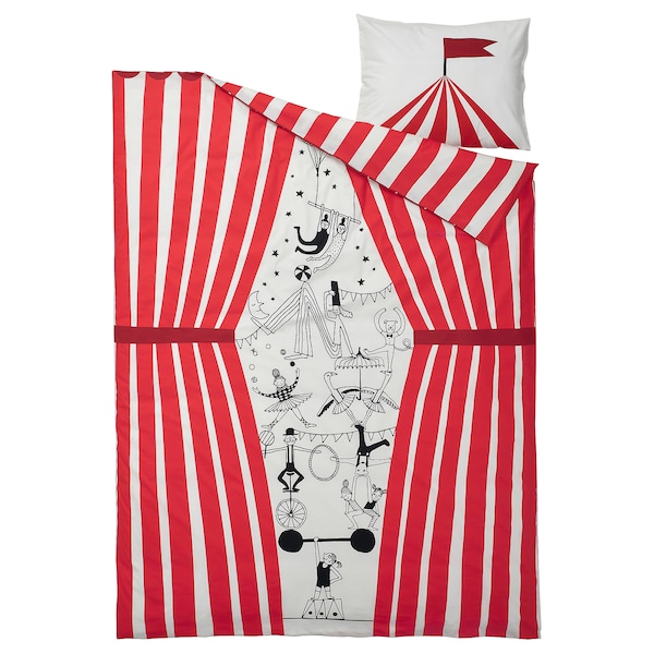 IKEA BUSENKEL duvet cover and pillowcase(s), circus pattern, Twin Red / White, Ikea Ireland | 3174TUCDG