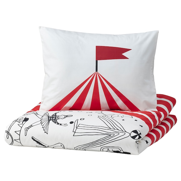 IKEA BUSENKEL duvet cover and pillowcase(s), circus pattern, Twin Red / White, Ikea Ireland | 3174TUCDG