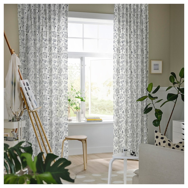 IKEA DOVREFIBBLOR curtains, 1 pair, white/dark blue, 57x98 in, Ikea Ireland | 4935ZPCAD