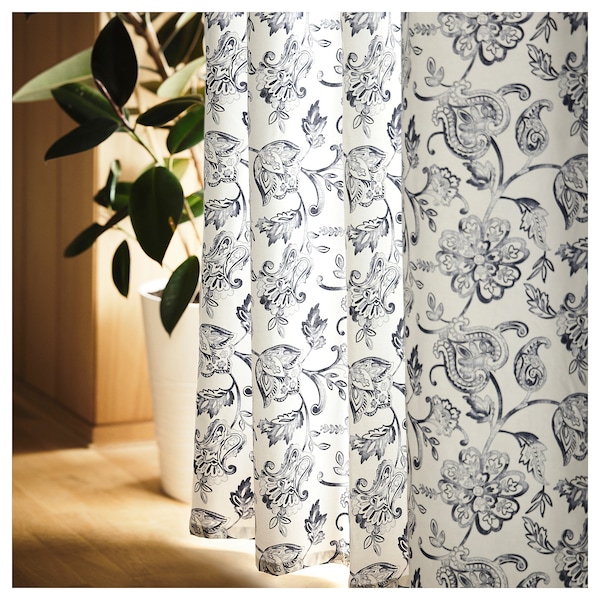 IKEA DOVREFIBBLOR curtains, 1 pair, white/dark blue, 57x98 in, Ikea Ireland | 4935ZPCAD