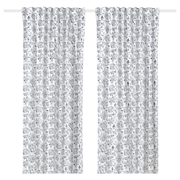 IKEA DOVREFIBBLOR curtains, 1 pair, white/dark blue, 57x98 in, Ikea Ireland | 4935ZPCAD