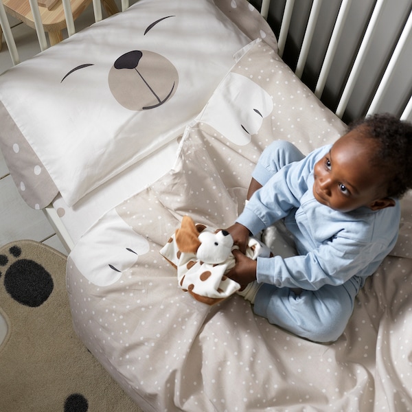 IKEA DRÖMSLOTT 3-piece bedlinen set for crib, 27 ½x52 in Puppy Pattern / Beige, Ikea Ireland | 6587ARMUV
