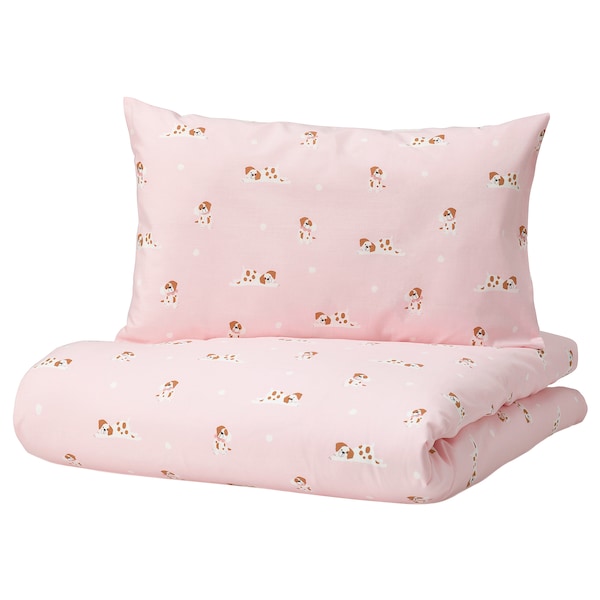 IKEA DRÖMSLOTT duvet cover 1 pillowcase f crib, 43x49/14x22 in Puppy Pattern / Pink, Ikea Ireland | 9263VKQDT