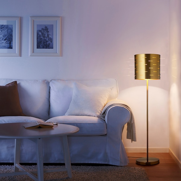 IKEA EBBEMÅLA floor lamp with LED bulb, brass color, Ikea Ireland | 2480FPONS