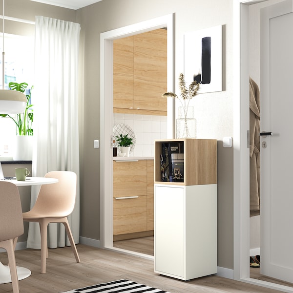 IKEA EKET storage combination with feet, 13 3/4x13 3/4x42 1/8 in White / White Stained Oak Effect, Ikea Ireland | 9483CAISG