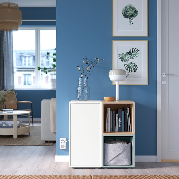 IKEA EKET storage combination with feet, 27 1/2x13 3/4x28 3/8 in White / Stained Oak Effect Light Gray / Blue, Ikea Ireland | 6382GUIEX