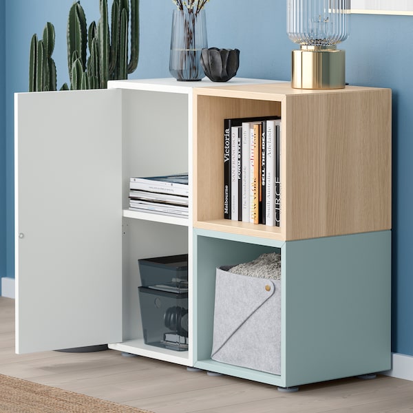 IKEA EKET storage combination with feet, 27 1/2x13 3/4x28 3/8 in White / Stained Oak Effect Light Gray / Blue, Ikea Ireland | 6382GUIEX