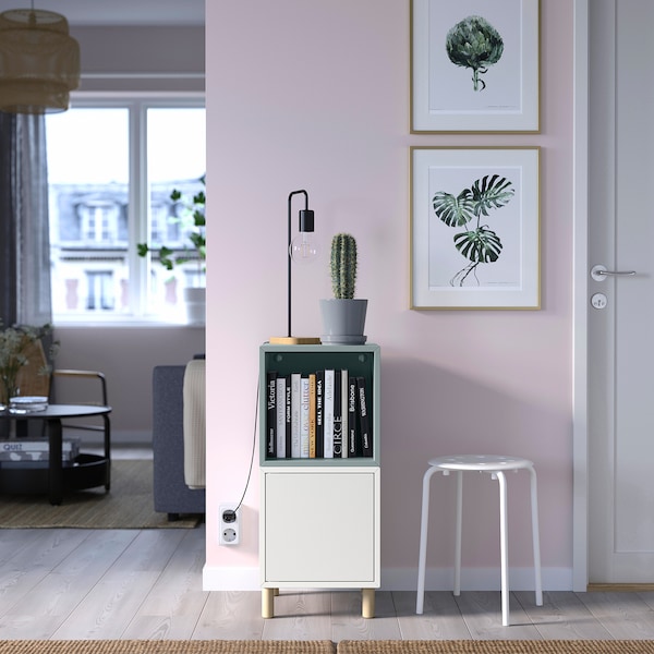 IKEA EKET storage combination with legs, 13 3/4x13 3/4x31 1/2 in White Light Gray / Blue / Wood, Ikea Ireland | 4196LWBAZ