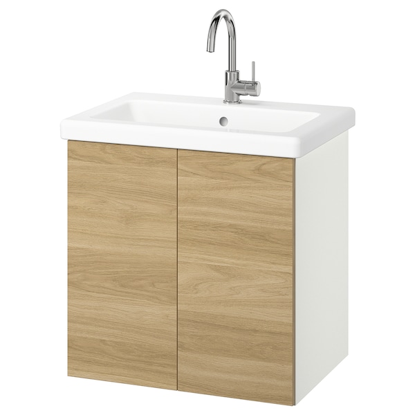 IKEA ENHET / TVÄLLEN Bathroom vanity w doors/sink/faucet, 25 1/2x19 1/8x26 in White / Oak Effect, Ikea Ireland | 3948ZXWAD
