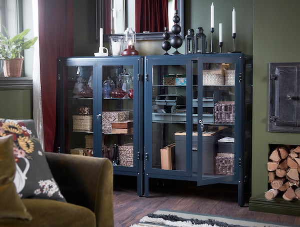 IKEA FABRIKÖR Glass-door cabinet, 31 7/8x44 1/2 in Black / Blue, Ikea Ireland | 5762HZGCB