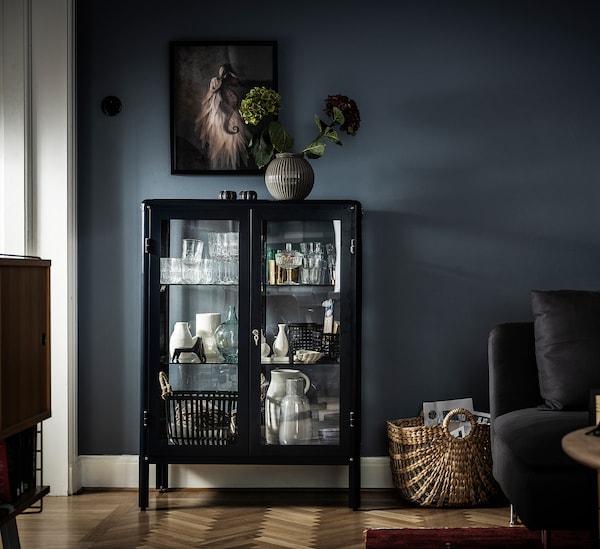 IKEA FABRIKÖR Glass-door cabinet, 31 7/8x44 1/2 in Black / Blue, Ikea Ireland | 5762HZGCB