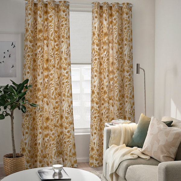 IKEA FLENTIMOTEJ curtains, 1 pair, light beige/floral pattern, 57x98 in, Ikea Ireland | 3967LHYMQ