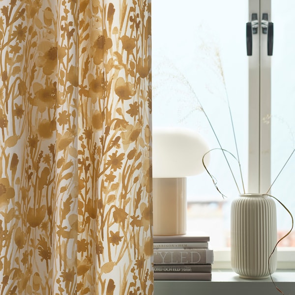 IKEA FLENTIMOTEJ curtains, 1 pair, light beige/floral pattern, 57x98 in, Ikea Ireland | 3967LHYMQ