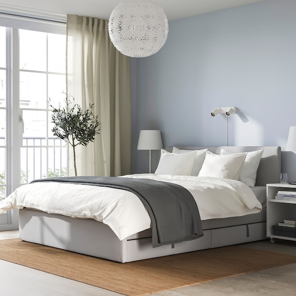 IKEA GLADSTAD upholstered bed, 2 storage boxes, Queen Kabusa Light Gray, Ikea Ireland | 7684TEZQJ