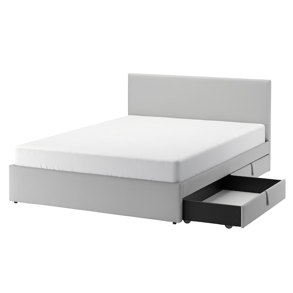 IKEA GLADSTAD upholstered bed, 2 storage boxes, Queen Kabusa Light Gray, Ikea Ireland | 7684TEZQJ