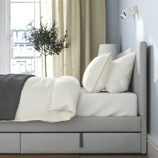 IKEA GLADSTAD upholstered bed, 2 storage boxes, Full Kabusa Light Gray, Ikea Ireland | 6730MYDVX
